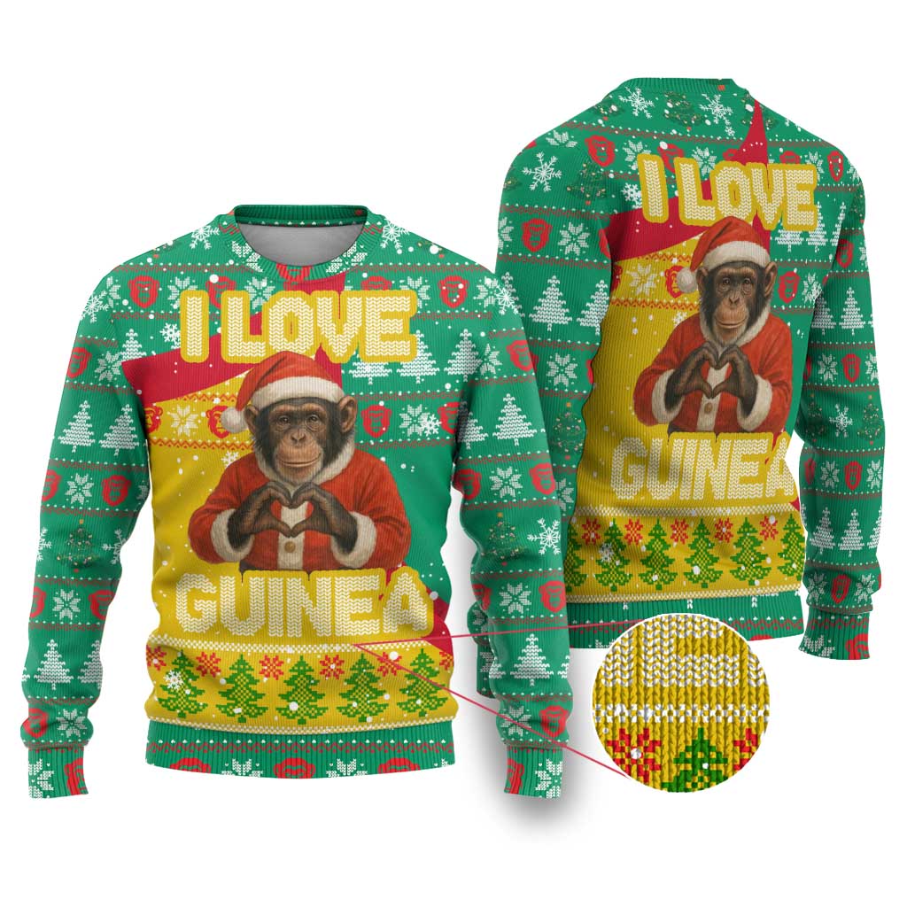 Guinea Christmas Ugly Christmas Sweater with Santa Chimpanzee Heart Hands and Green Red Snowflake Pattern - Wonder Print Shop