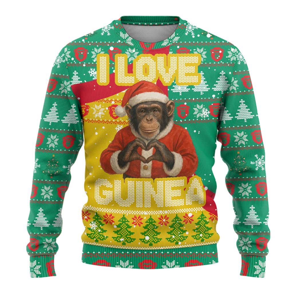 Guinea Christmas Ugly Christmas Sweater with Santa Chimpanzee Heart Hands and Green Red Snowflake Pattern - Wonder Print Shop