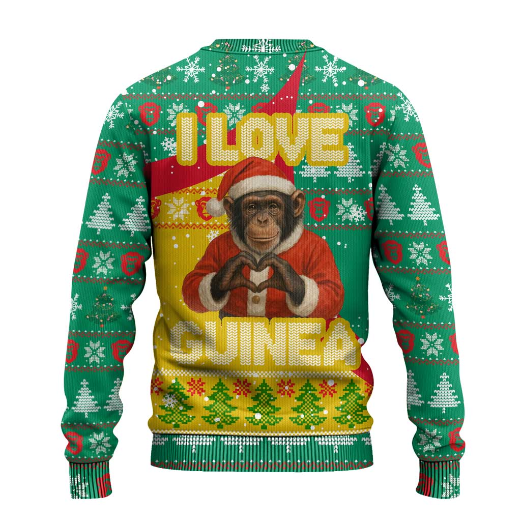 Guinea Christmas Ugly Christmas Sweater with Santa Chimpanzee Heart Hands and Green Red Snowflake Pattern - Wonder Print Shop