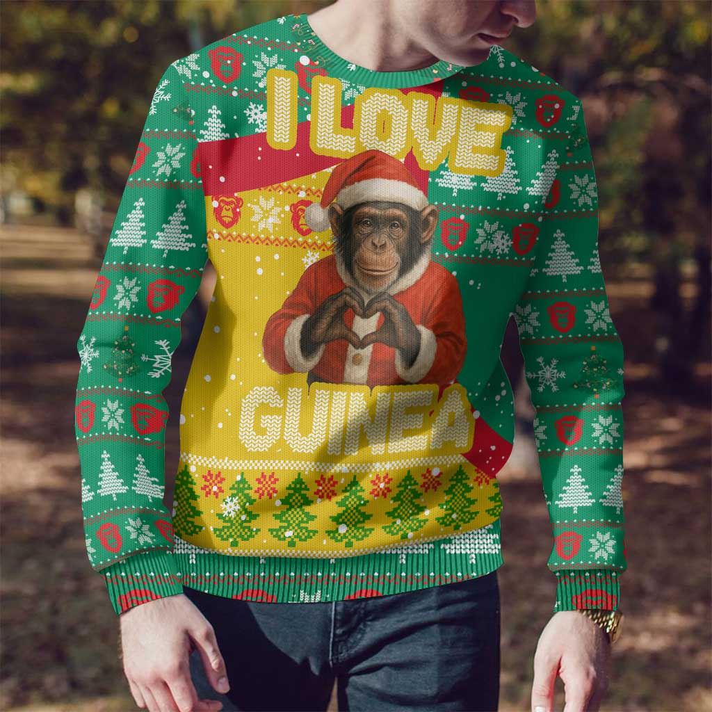 Guinea Christmas Ugly Christmas Sweater with Santa Chimpanzee Heart Hands and Green Red Snowflake Pattern - Wonder Print Shop