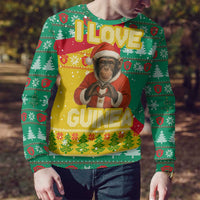 Guinea Christmas Ugly Christmas Sweater with Santa Chimpanzee Heart Hands and Green Red Snowflake Pattern - Wonder Print Shop