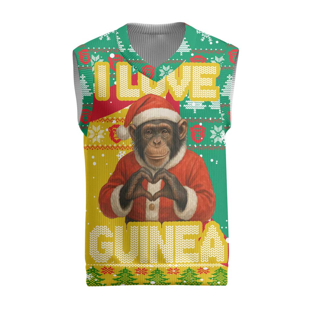 Guinea Christmas Knitted V-Neck Vest with Santa Chimpanzee Heart Hands and Green Red Snowflake Pattern - Wonder Print Shop