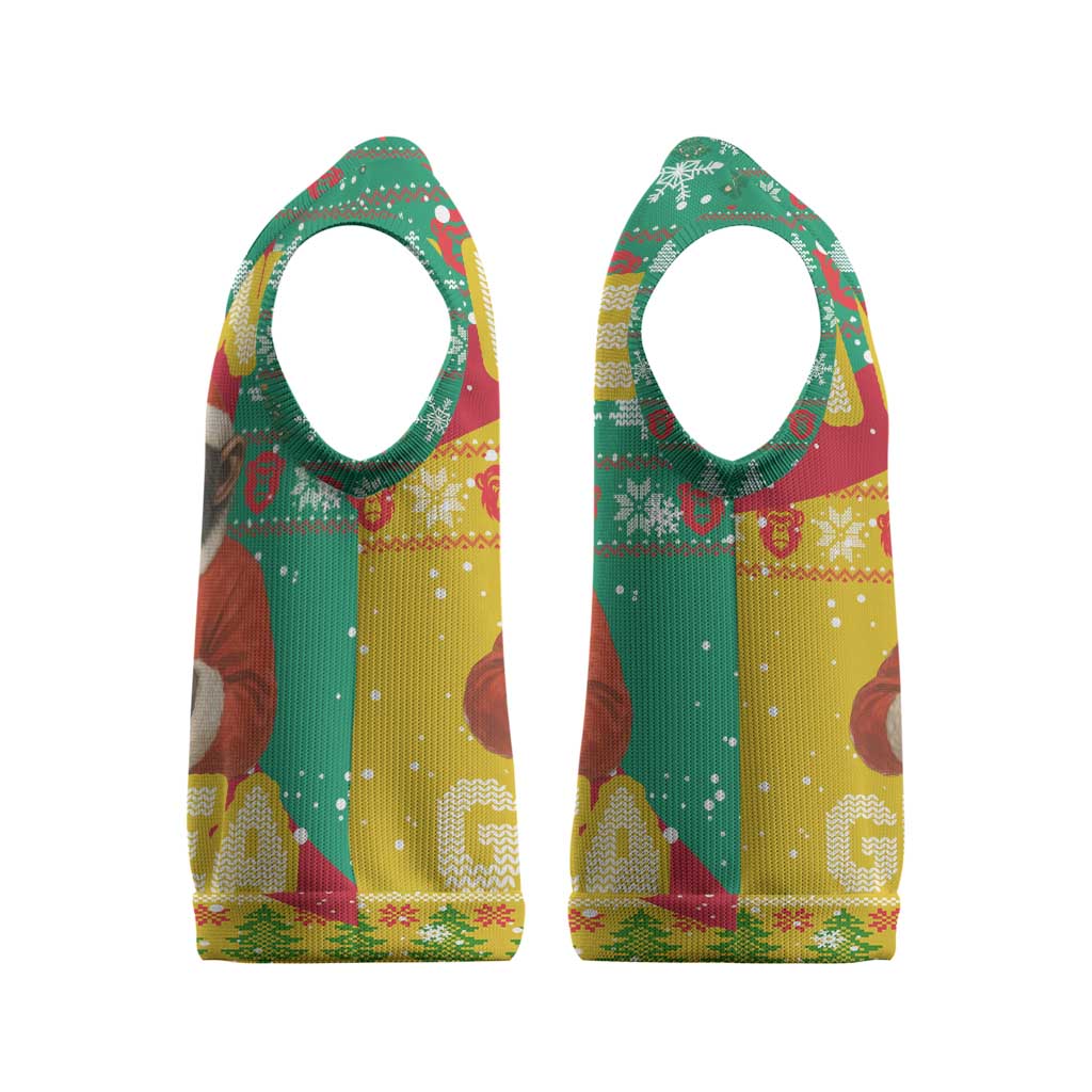 Guinea Christmas Knitted V-Neck Vest with Santa Chimpanzee Heart Hands and Green Red Snowflake Pattern - Wonder Print Shop