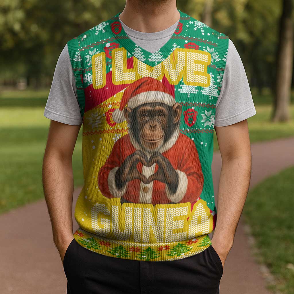 Guinea Christmas Knitted V-Neck Vest with Santa Chimpanzee Heart Hands and Green Red Snowflake Pattern - Wonder Print Shop