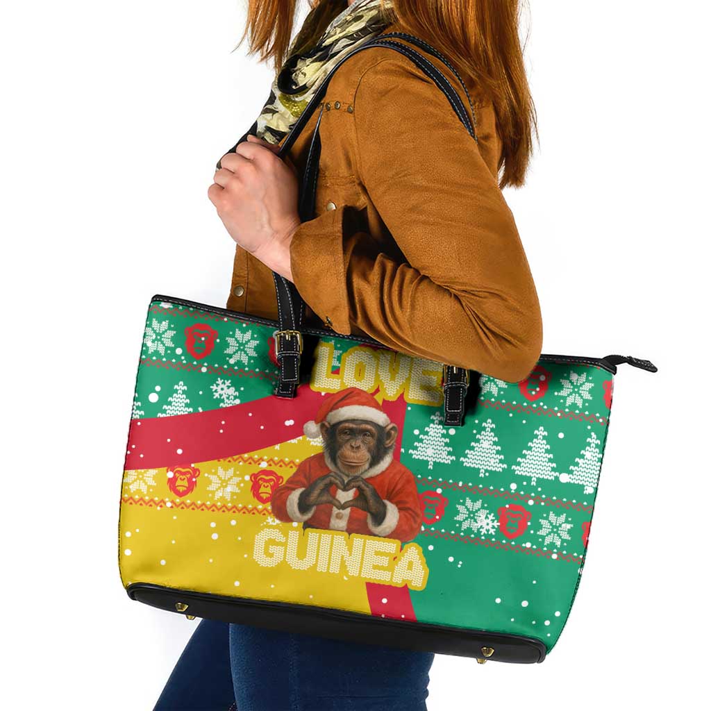 Guinea Christmas Leather Tote Bag with Santa Chimpanzee Heart Hands and Green Red Snowflake Pattern - Wonder Print Shop