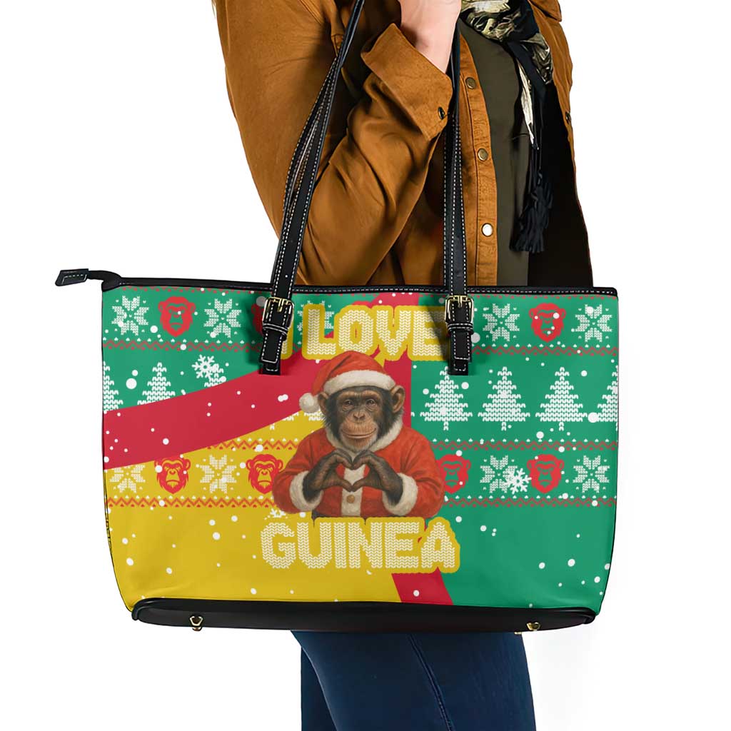 Guinea Christmas Leather Tote Bag with Santa Chimpanzee Heart Hands and Green Red Snowflake Pattern - Wonder Print Shop