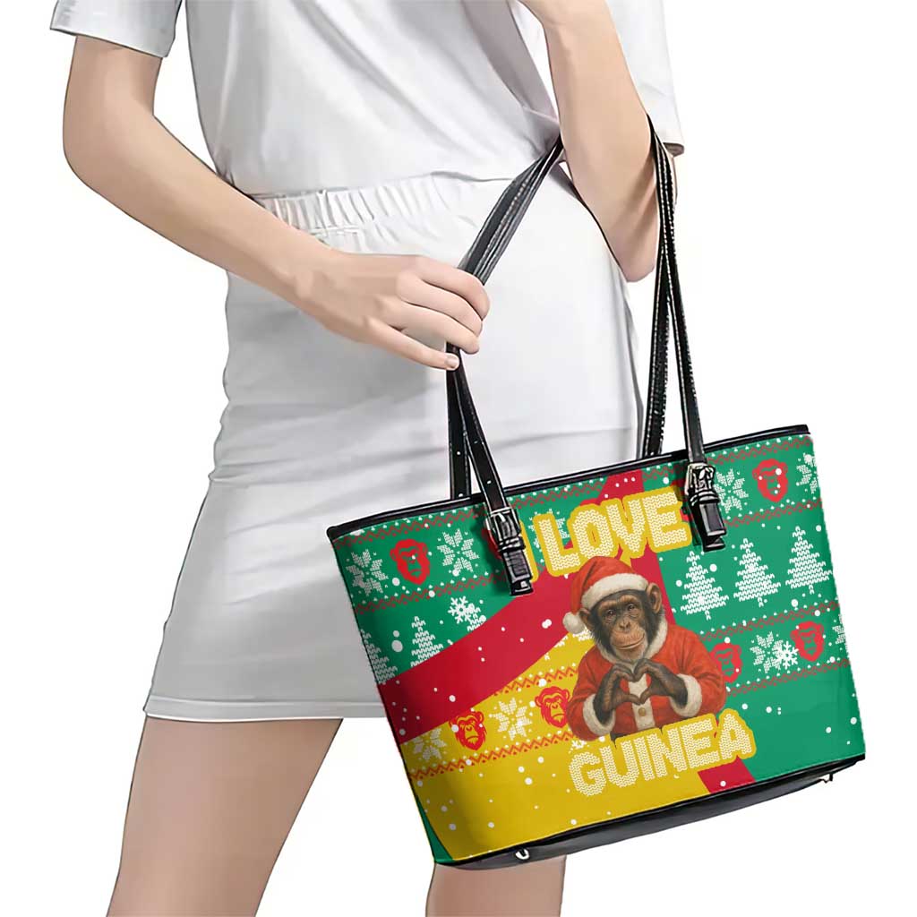 Guinea Christmas Leather Tote Bag with Santa Chimpanzee Heart Hands and Green Red Snowflake Pattern - Wonder Print Shop