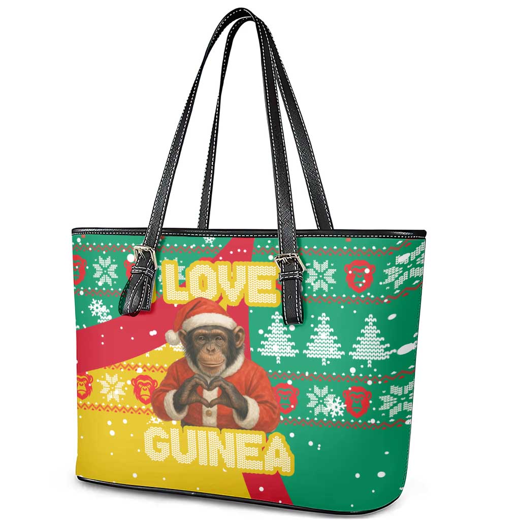 Guinea Christmas Leather Tote Bag with Santa Chimpanzee Heart Hands and Green Red Snowflake Pattern - Wonder Print Shop