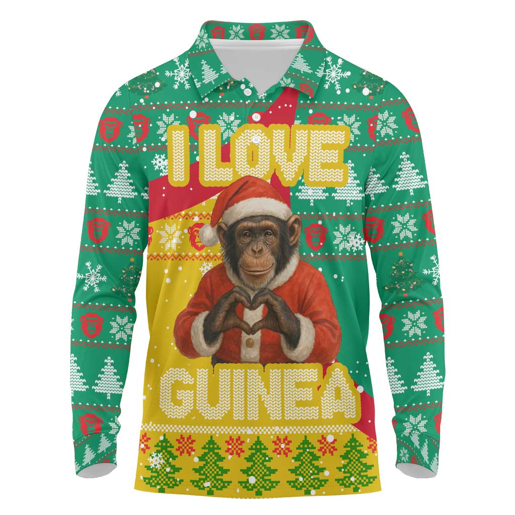 Guinea Christmas Long Sleeve Polo Shirt with Santa Chimpanzee Heart Hands and Green Red Snowflake Pattern - Wonder Print Shop