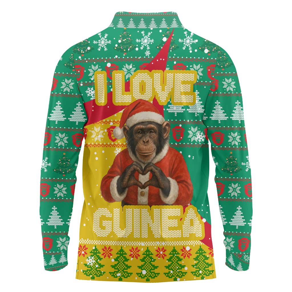 Guinea Christmas Long Sleeve Polo Shirt with Santa Chimpanzee Heart Hands and Green Red Snowflake Pattern - Wonder Print Shop