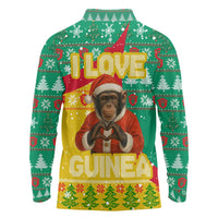 Guinea Christmas Long Sleeve Polo Shirt with Santa Chimpanzee Heart Hands and Green Red Snowflake Pattern - Wonder Print Shop