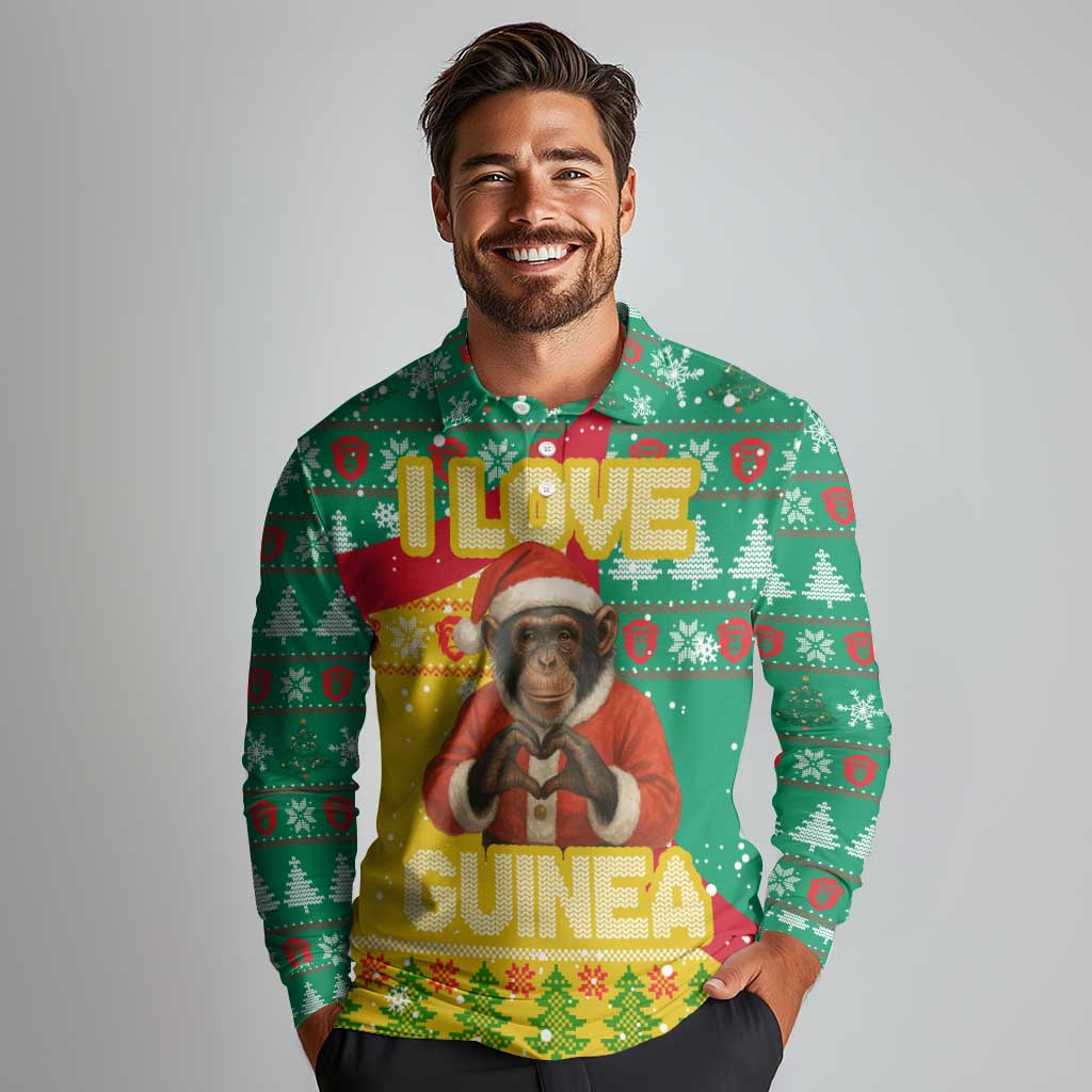 Guinea Christmas Long Sleeve Polo Shirt with Santa Chimpanzee Heart Hands and Green Red Snowflake Pattern - Wonder Print Shop