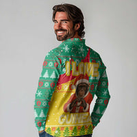 Guinea Christmas Long Sleeve Polo Shirt with Santa Chimpanzee Heart Hands and Green Red Snowflake Pattern - Wonder Print Shop