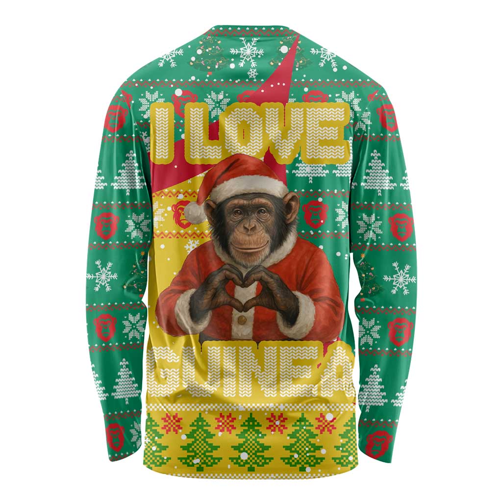Guinea Christmas Long Sleeve Shirt with Santa Chimpanzee Heart Hands and Green Red Snowflake Pattern - Wonder Print Shop