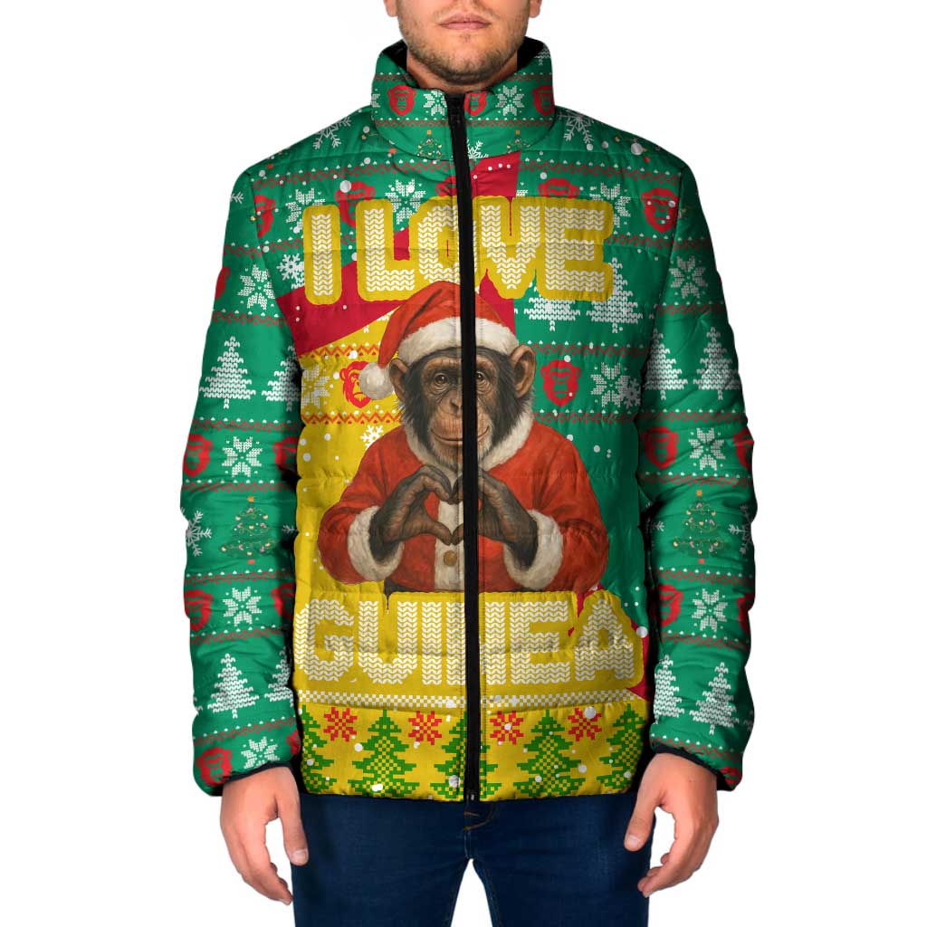 Guinea Christmas Padded Jacket with Santa Chimpanzee Heart Hands and Green Red Snowflake Pattern - Wonder Print Shop