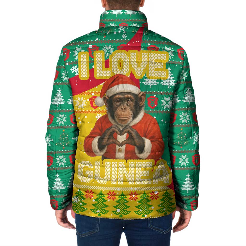Guinea Christmas Padded Jacket with Santa Chimpanzee Heart Hands and Green Red Snowflake Pattern - Wonder Print Shop
