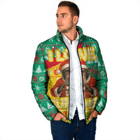 Guinea Christmas Padded Jacket with Santa Chimpanzee Heart Hands and Green Red Snowflake Pattern - Wonder Print Shop