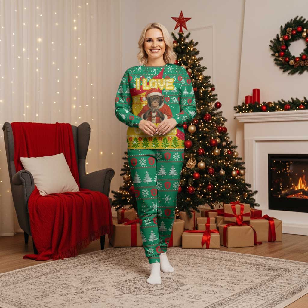 Guinea Christmas Pajama Set with Santa Chimpanzee Heart Hands and Green Red Snowflake Pattern - Wonder Print Shop
