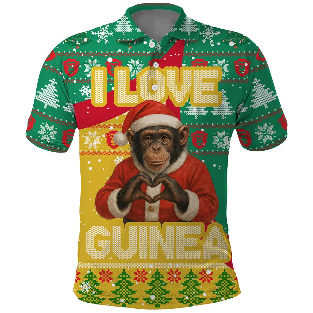 Guinea Christmas Polo Shirt with Santa Chimpanzee Heart Hands and Green Red Snowflake Pattern - Wonder Print Shop