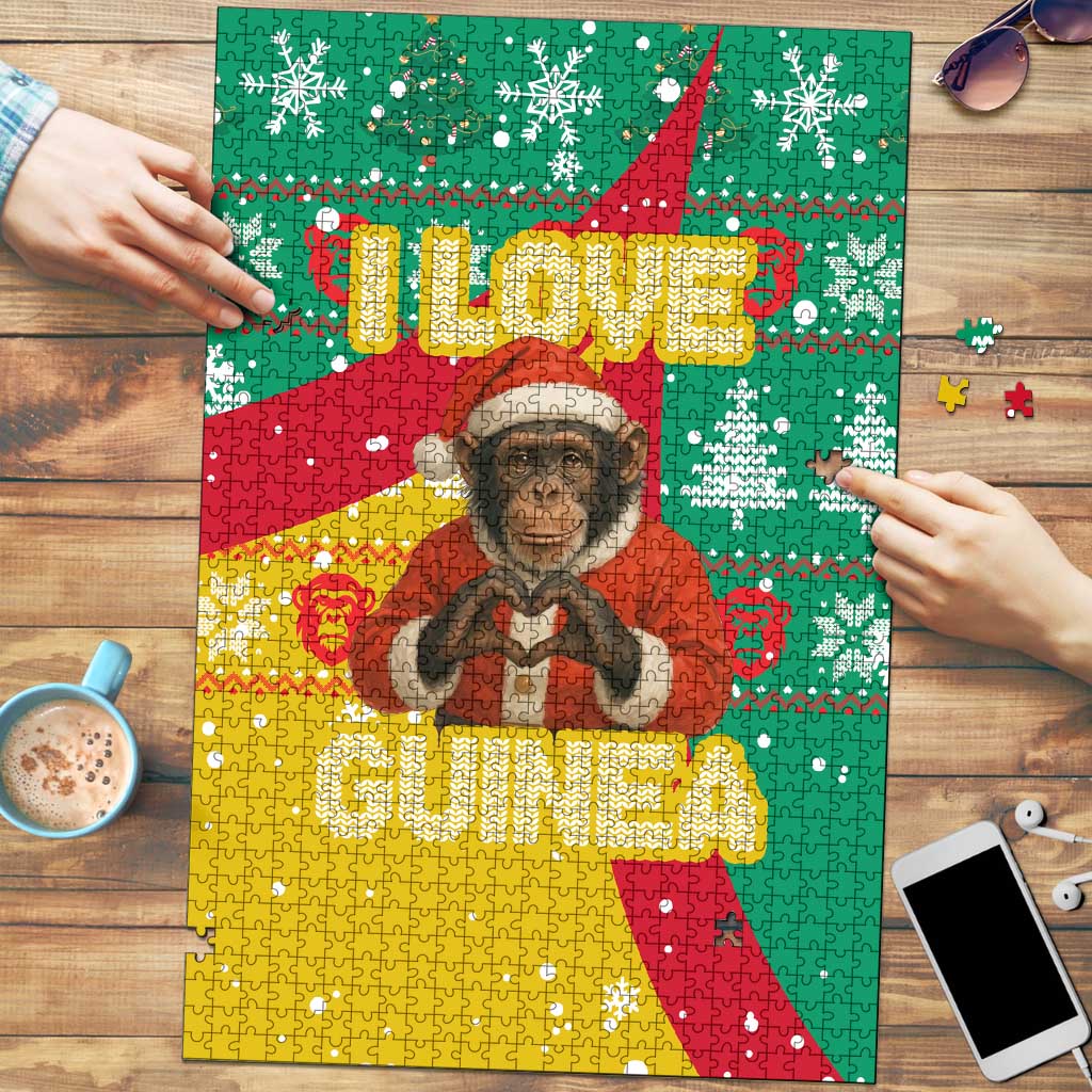 Guinea Christmas Puzzle with Santa Chimpanzee Heart Hands and Green Red Snowflake Pattern - Wonder Print Shop
