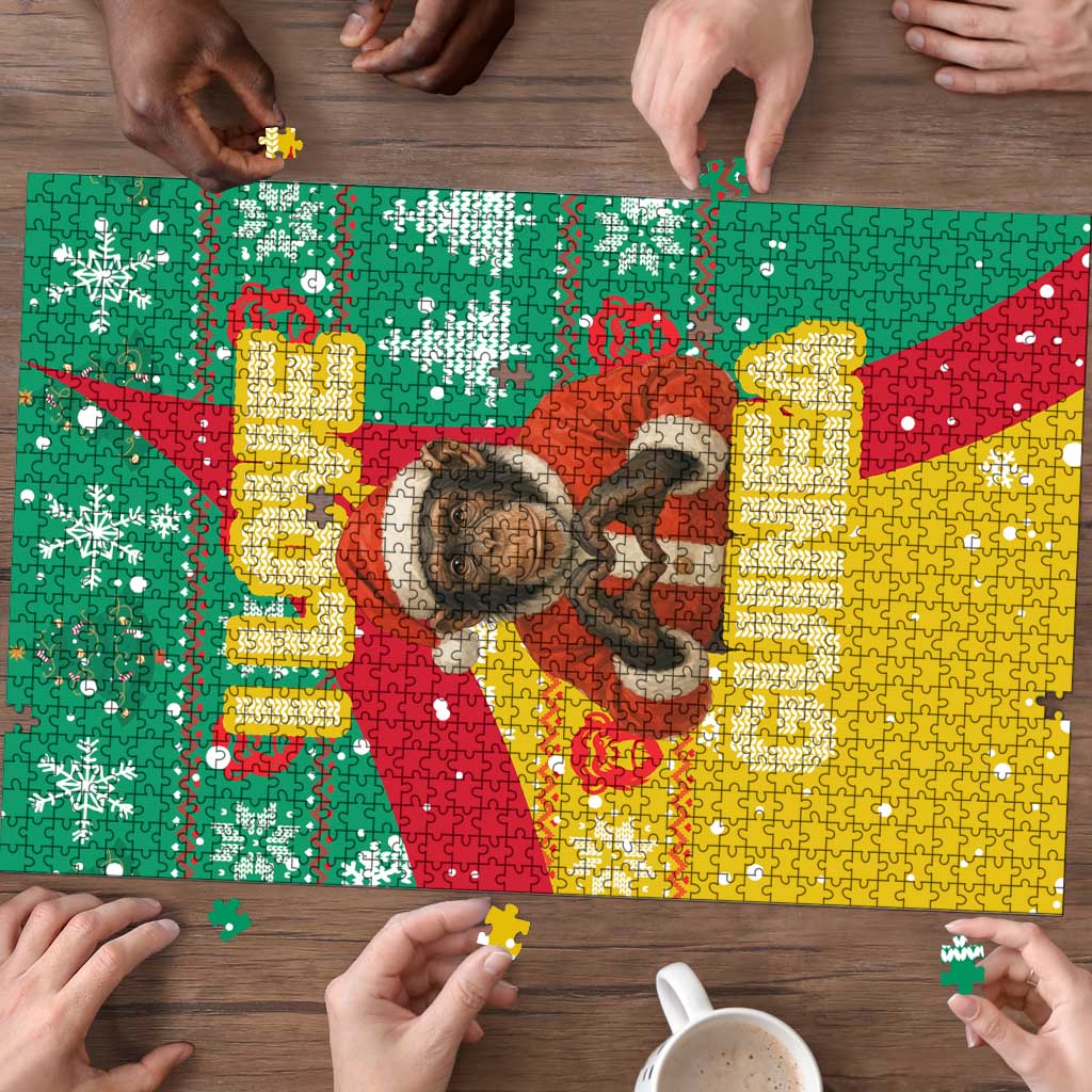 Guinea Christmas Puzzle with Santa Chimpanzee Heart Hands and Green Red Snowflake Pattern - Wonder Print Shop