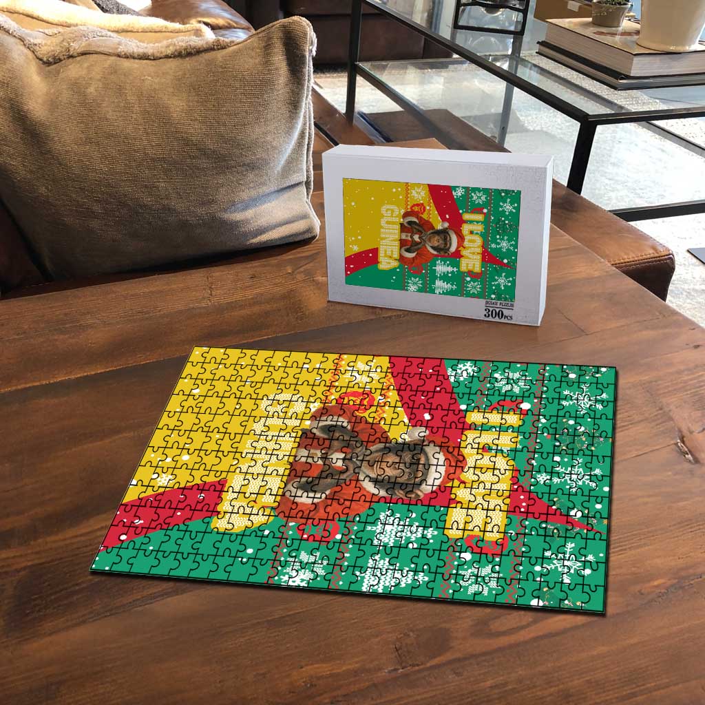 Guinea Christmas Puzzle with Santa Chimpanzee Heart Hands and Green Red Snowflake Pattern - Wonder Print Shop