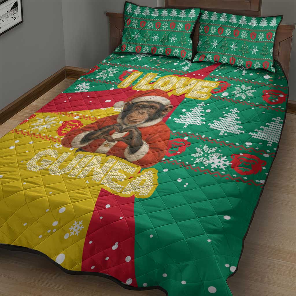 Guinea Christmas Quilt Bed Set with Santa Chimpanzee Heart Hands and Green Red Snowflake Pattern - Wonder Print Shop
