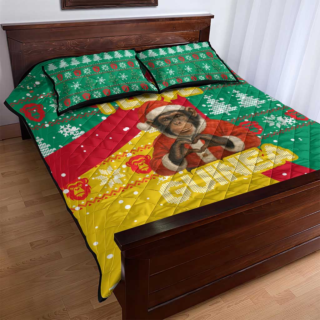 Guinea Christmas Quilt Bed Set with Santa Chimpanzee Heart Hands and Green Red Snowflake Pattern - Wonder Print Shop