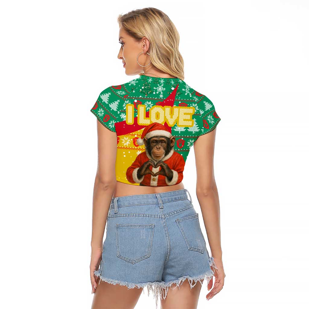 Guinea Christmas Raglan Cropped T Shirt with Santa Chimpanzee Heart Hands and Green Red Snowflake Pattern - Wonder Print Shop