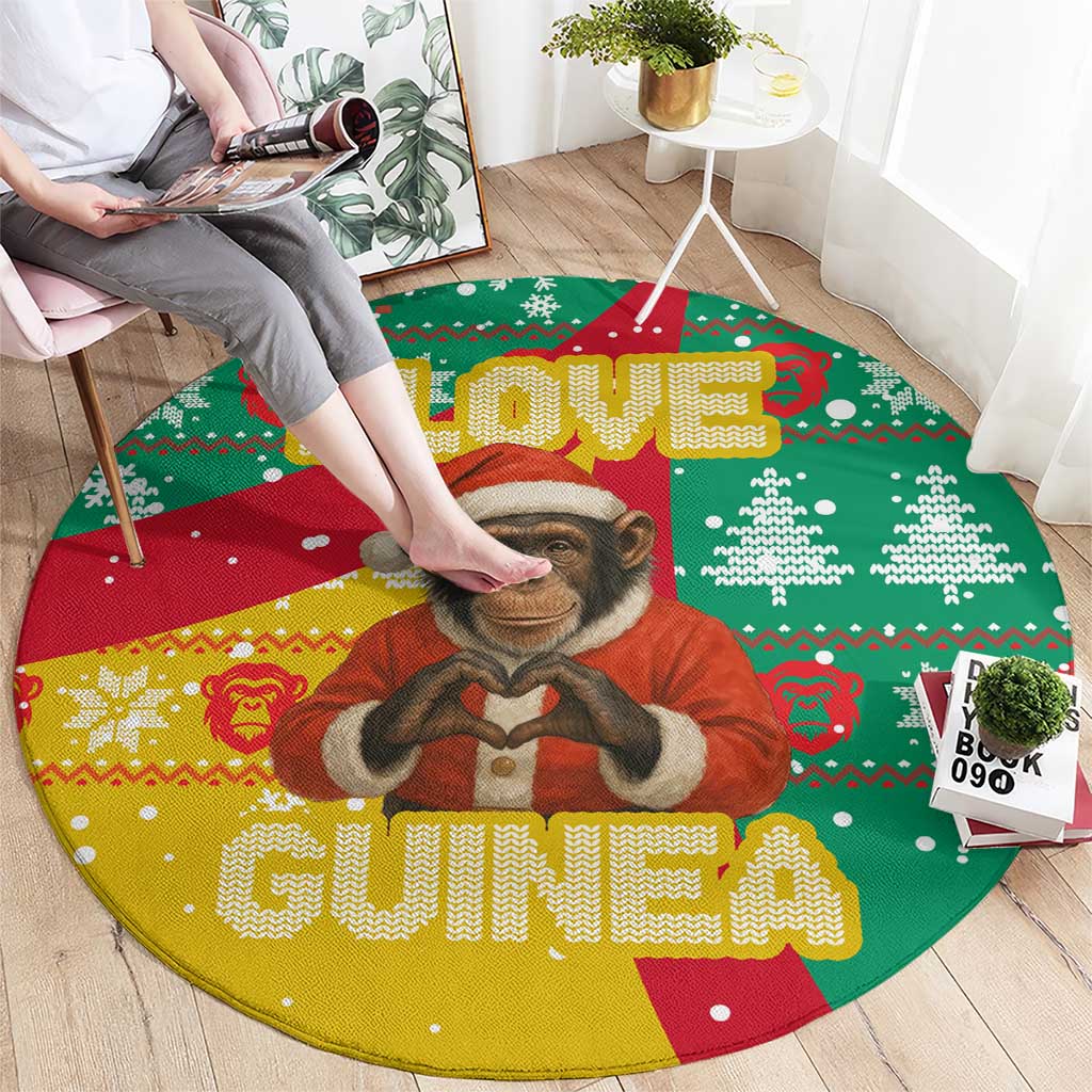 Guinea Christmas Round Carpet with Santa Chimpanzee Heart Hands and Green Red Snowflake Pattern - Wonder Print Shop