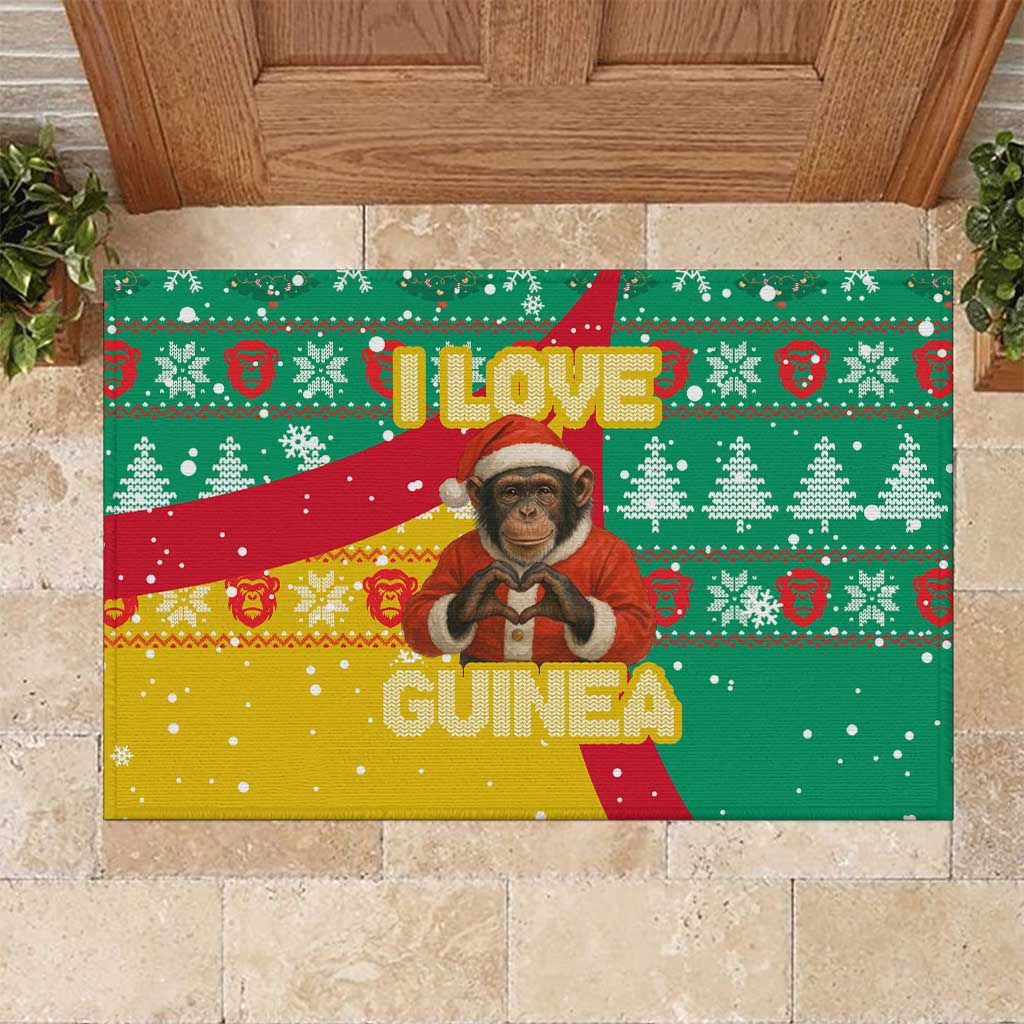 Guinea Christmas Rubber Doormat with Santa Chimpanzee Heart Hands and Green Red Snowflake Pattern - Wonder Print Shop