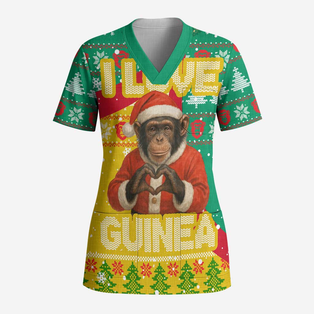 Guinea Christmas Scrub Top with Santa Chimpanzee Heart Hands and Green Red Snowflake Pattern - Wonder Print Shop