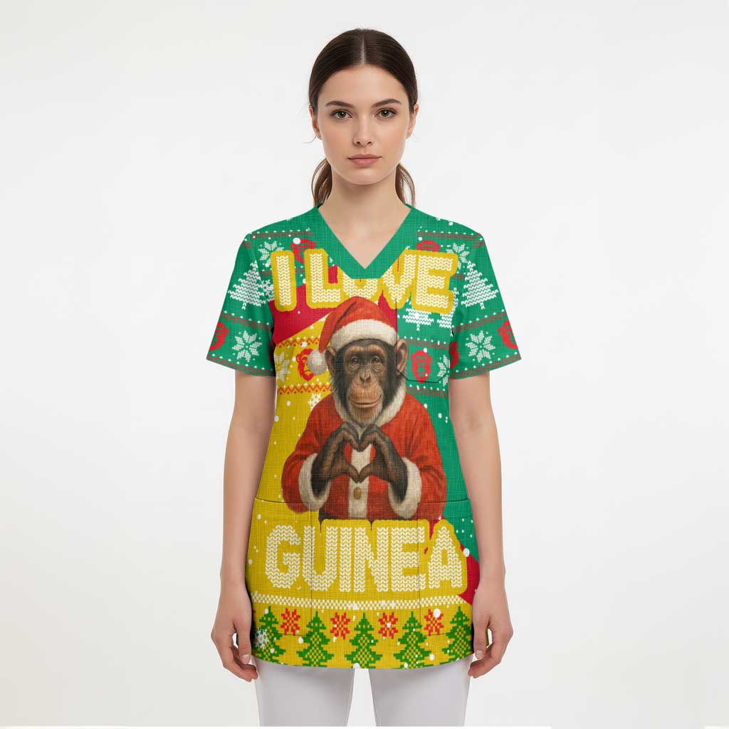 Guinea Christmas Scrub Top with Santa Chimpanzee Heart Hands and Green Red Snowflake Pattern - Wonder Print Shop