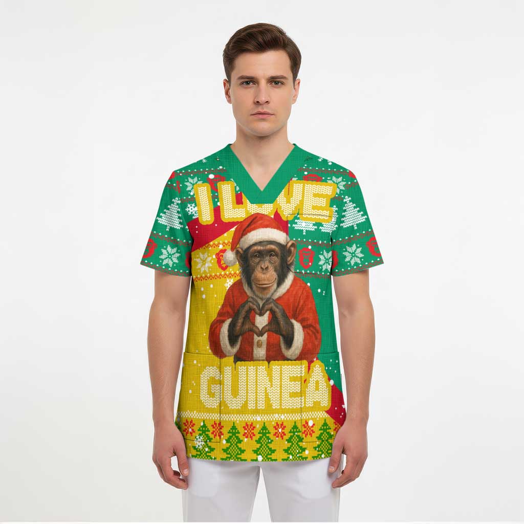 Guinea Christmas Scrub Top with Santa Chimpanzee Heart Hands and Green Red Snowflake Pattern - Wonder Print Shop