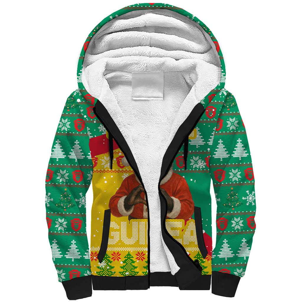 Guinea Christmas Sherpa Hoodie with Santa Chimpanzee Heart Hands and Green Red Snowflake Pattern - Wonder Print Shop
