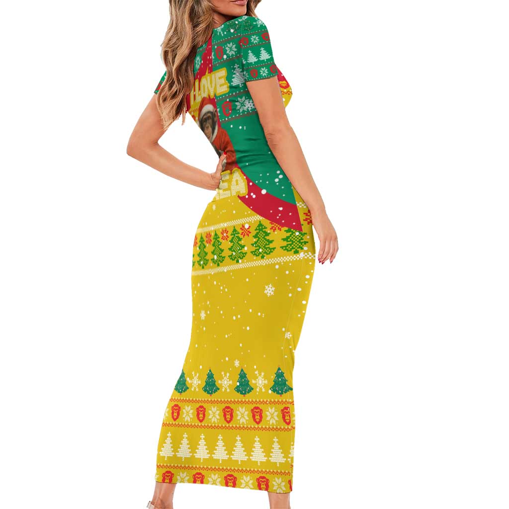 Guinea Christmas Short Sleeve Bodycon Dress with Santa Chimpanzee Heart Hands and Green Red Snowflake Pattern - Wonder Print Shop