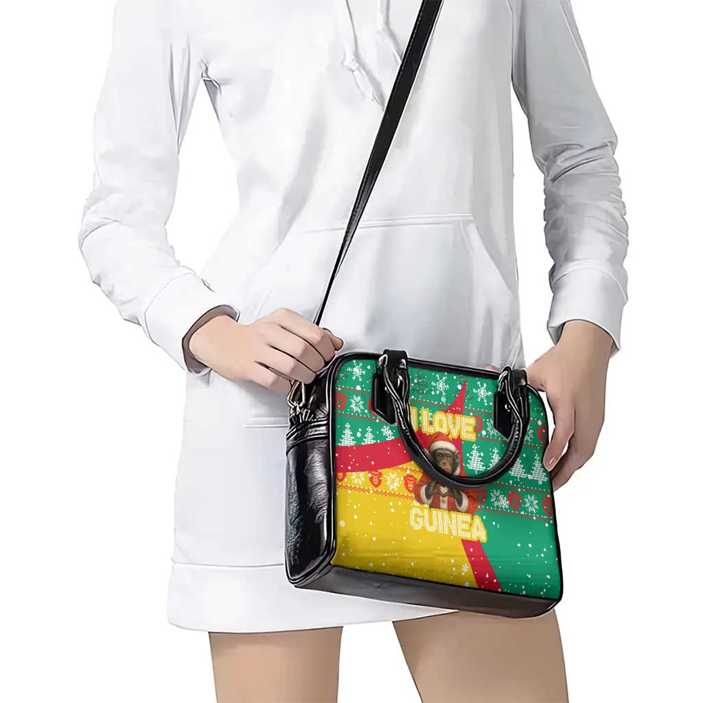 Guinea Christmas Shoulder Handbag with Santa Chimpanzee Heart Hands and Green Red Snowflake Pattern - Wonder Print Shop