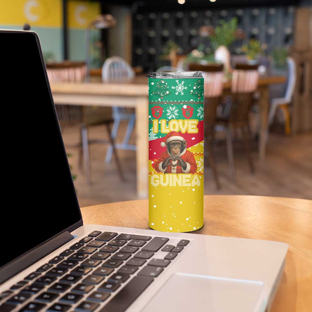 Guinea Christmas Skinny Tumbler with Santa Chimpanzee Heart Hands and Green Red Snowflake Pattern - Wonder Print Shop