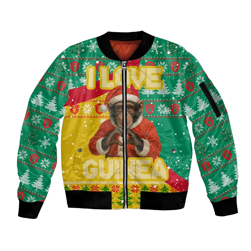 Guinea Christmas Sleeve Zip Bomber Jacket with Santa Chimpanzee Heart Hands and Green Red Snowflake Pattern - Wonder Print Shop