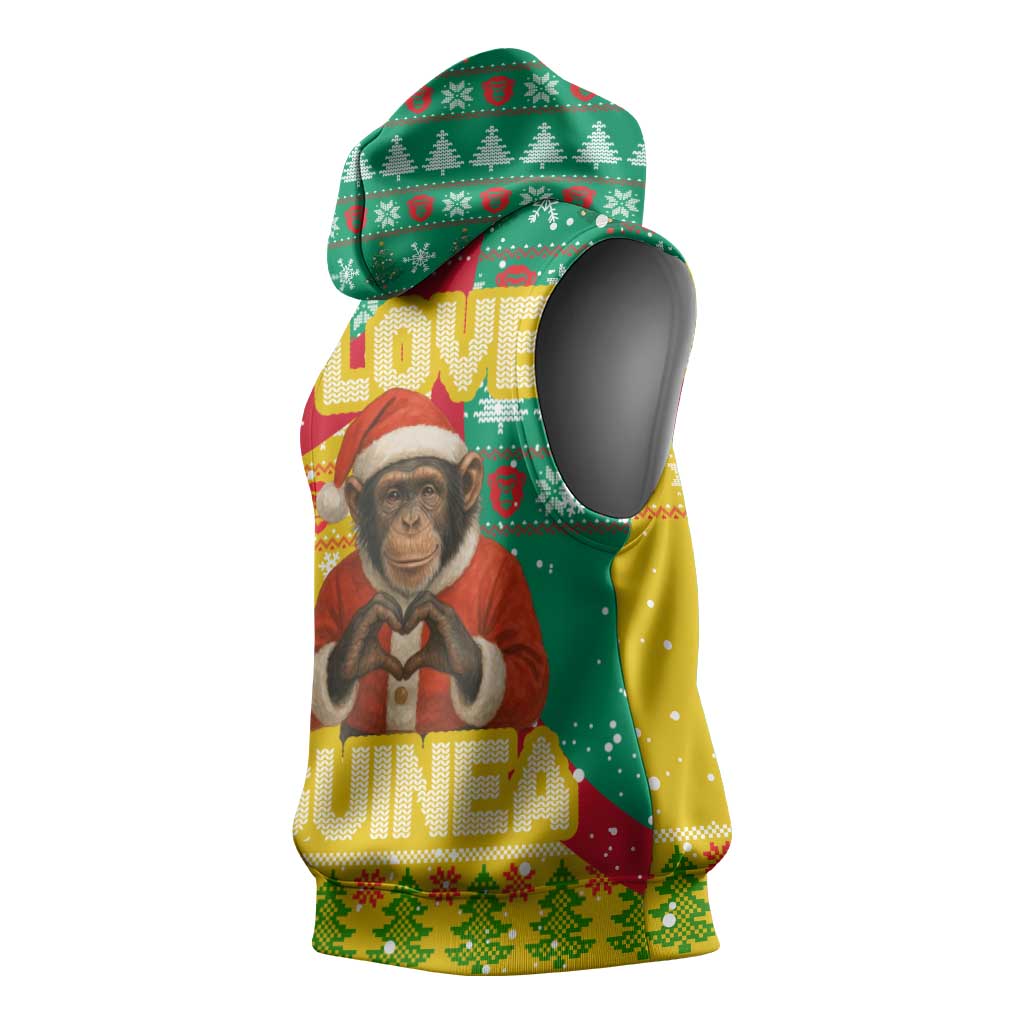 Guinea Christmas Sleeveless Hoodie with Santa Chimpanzee Heart Hands and Green Red Snowflake Pattern - Wonder Print Shop