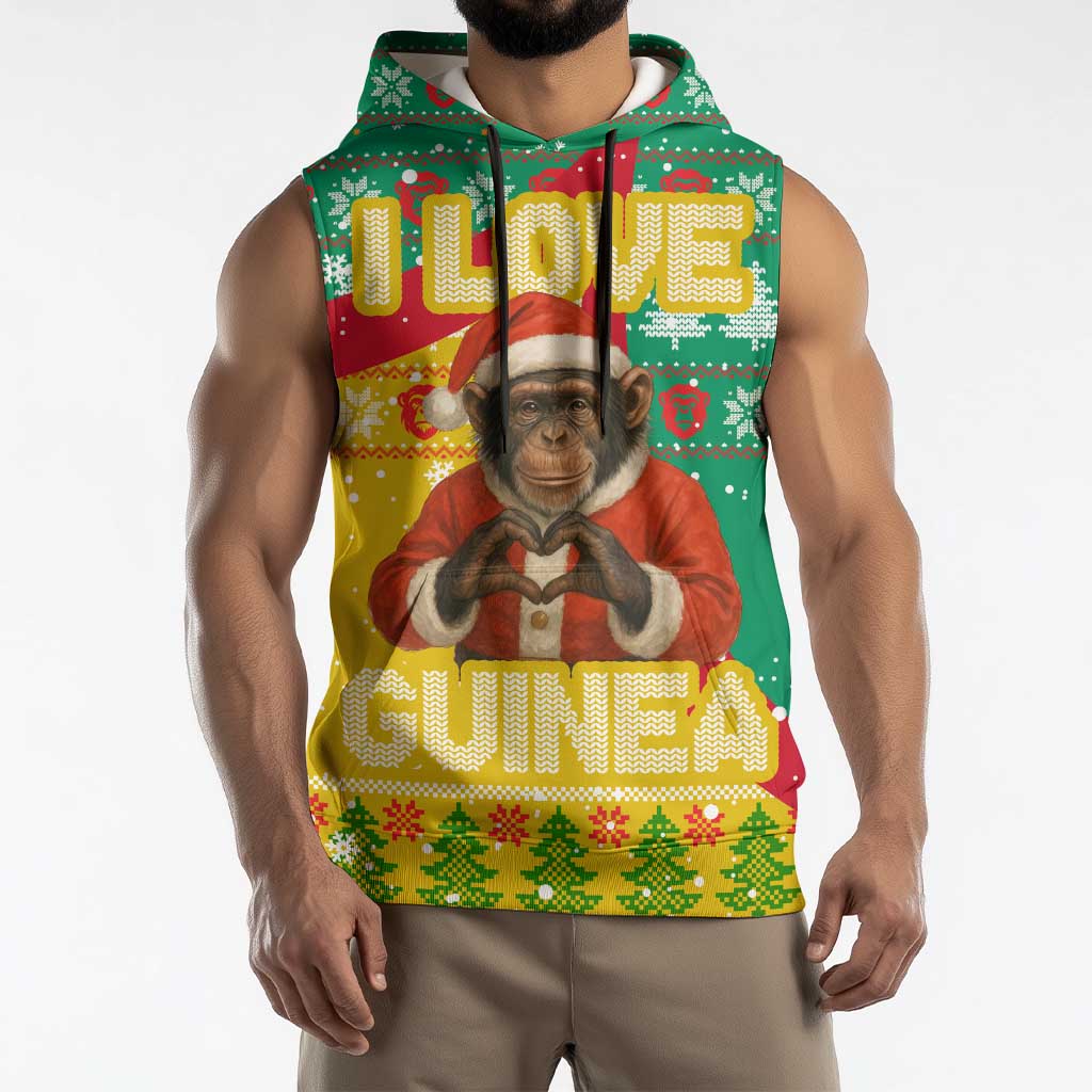 Guinea Christmas Sleeveless Hoodie with Santa Chimpanzee Heart Hands and Green Red Snowflake Pattern - Wonder Print Shop