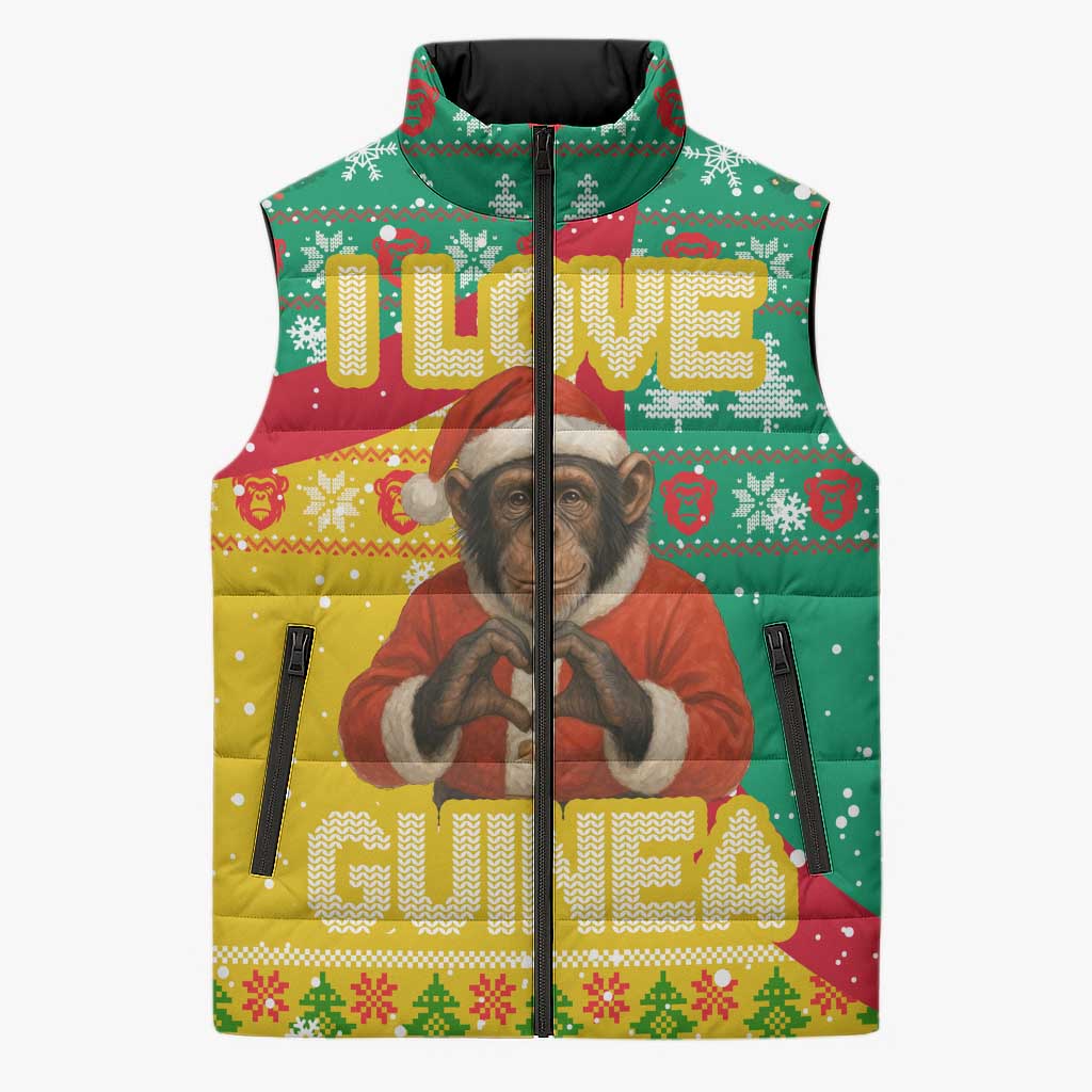 Guinea Christmas Sleeveless Puffer Jacket with Santa Chimpanzee Heart Hands and Green Red Snowflake Pattern - Wonder Print Shop