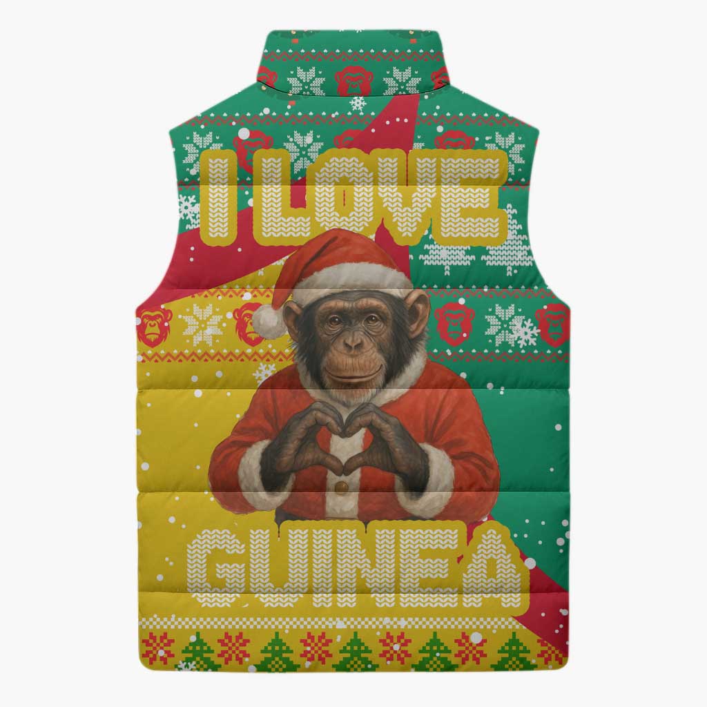 Guinea Christmas Sleeveless Puffer Jacket with Santa Chimpanzee Heart Hands and Green Red Snowflake Pattern - Wonder Print Shop