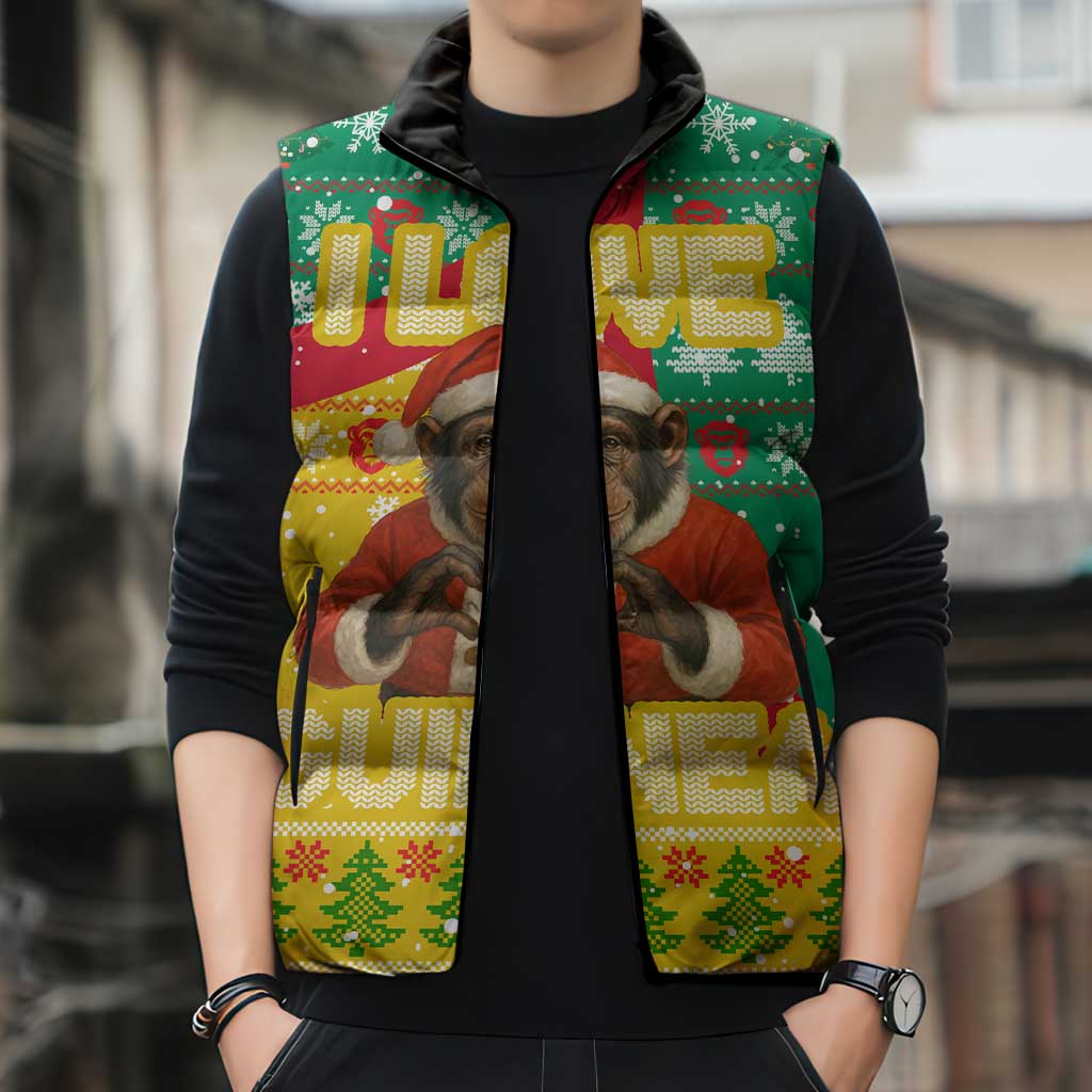 Guinea Christmas Sleeveless Puffer Jacket with Santa Chimpanzee Heart Hands and Green Red Snowflake Pattern - Wonder Print Shop