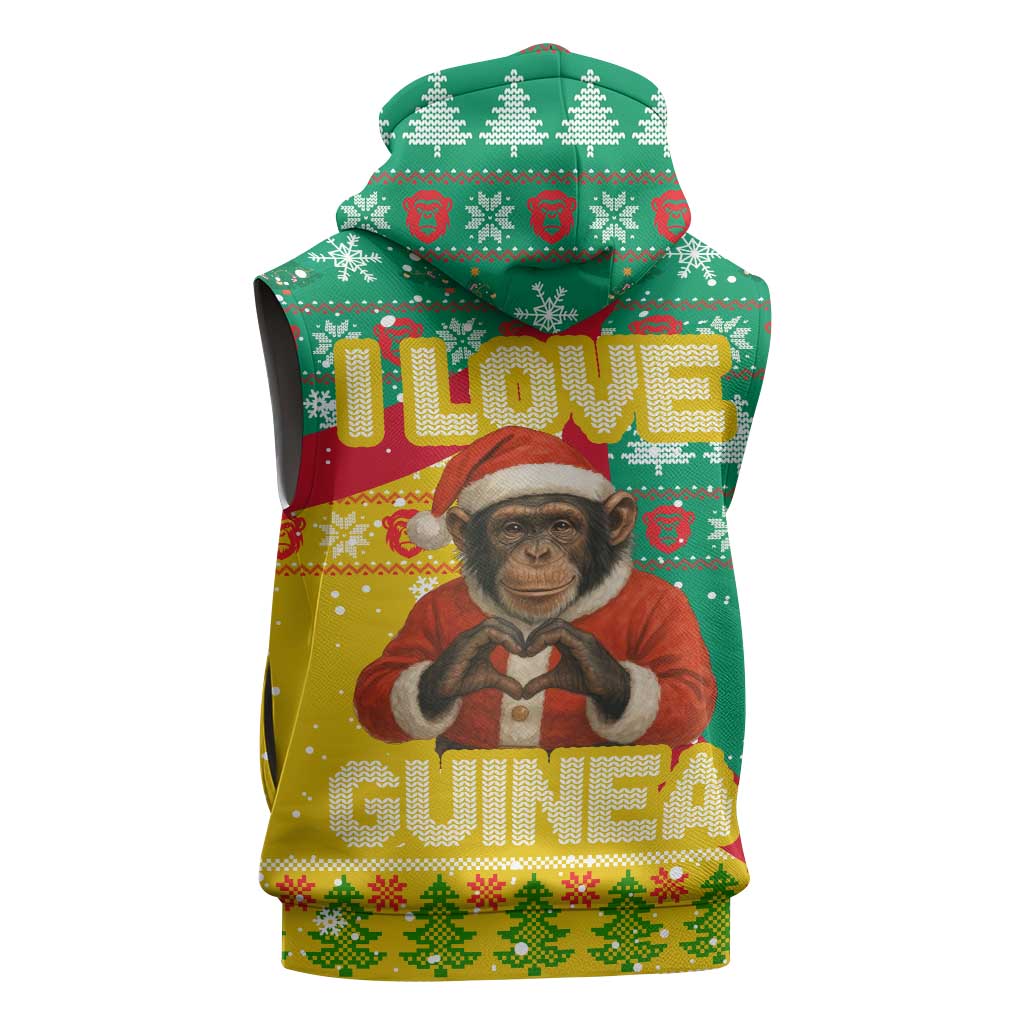 Guinea Christmas Sleeveless Zip Hoodie with Santa Chimpanzee Heart Hands and Green Red Snowflake Pattern - Wonder Print Shop