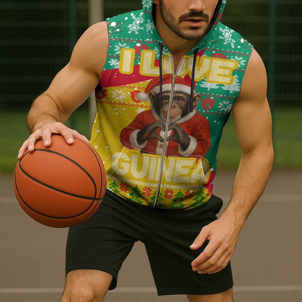 Guinea Christmas Sleeveless Zip Hoodie with Santa Chimpanzee Heart Hands and Green Red Snowflake Pattern - Wonder Print Shop