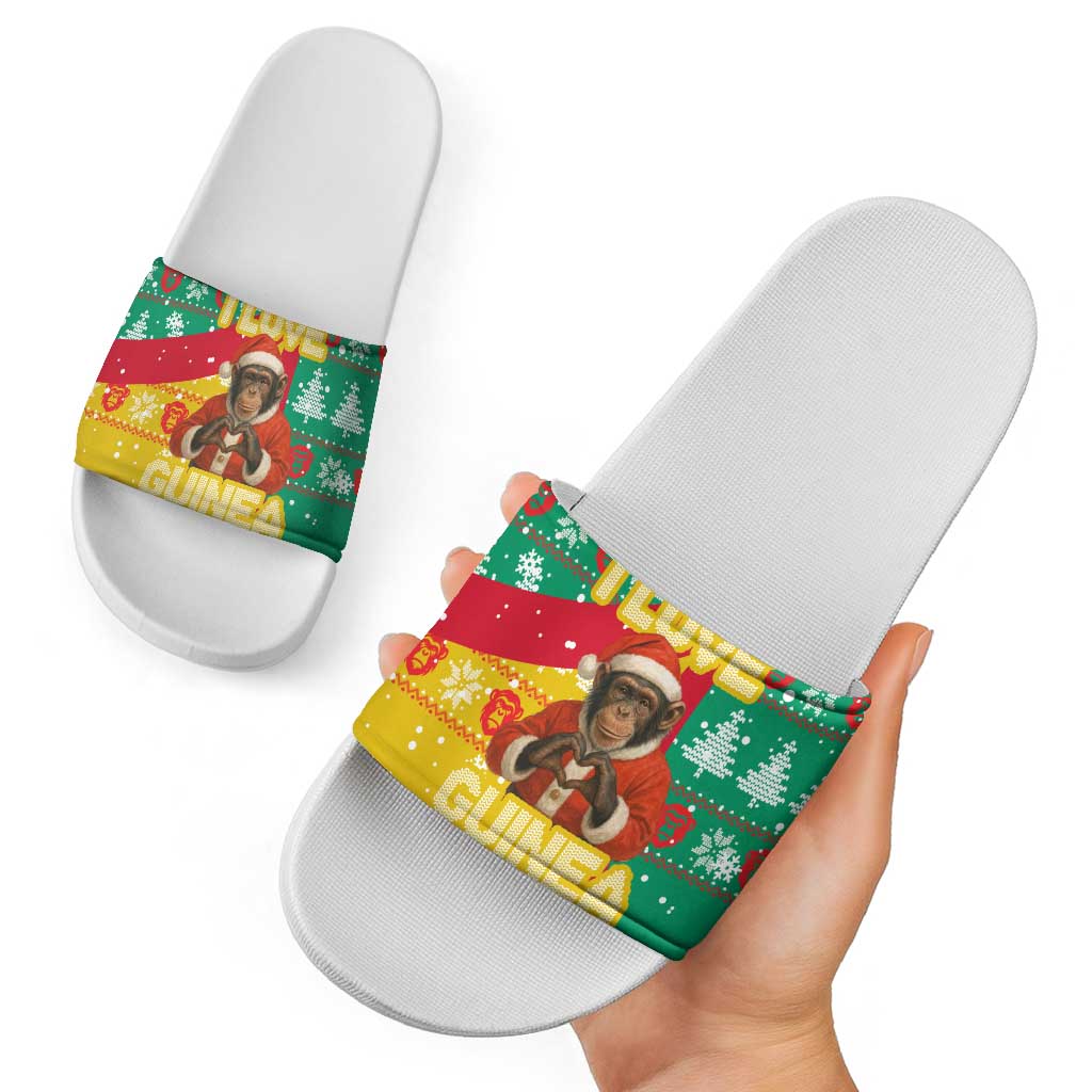 Guinea Christmas Slide Sandals with Santa Chimpanzee Heart Hands and Green Red Snowflake Pattern - Wonder Print Shop