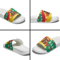 Guinea Christmas Slide Sandals with Santa Chimpanzee Heart Hands and Green Red Snowflake Pattern - Wonder Print Shop