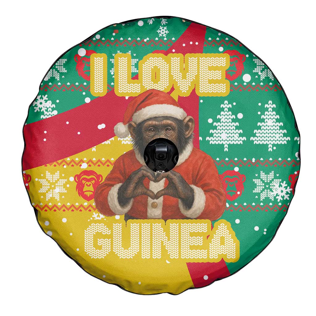 Guinea Christmas Spare Tire Cover with Santa Chimpanzee Heart Hands and Green Red Snowflake Pattern - Wonder Print Shop