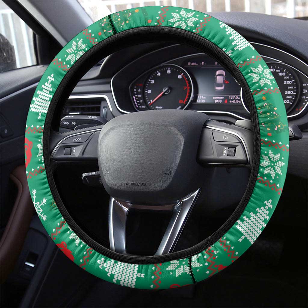 Guinea Christmas Steering Wheel Cover with Santa Chimpanzee Heart Hands and Green Red Snowflake Pattern - Wonder Print Shop